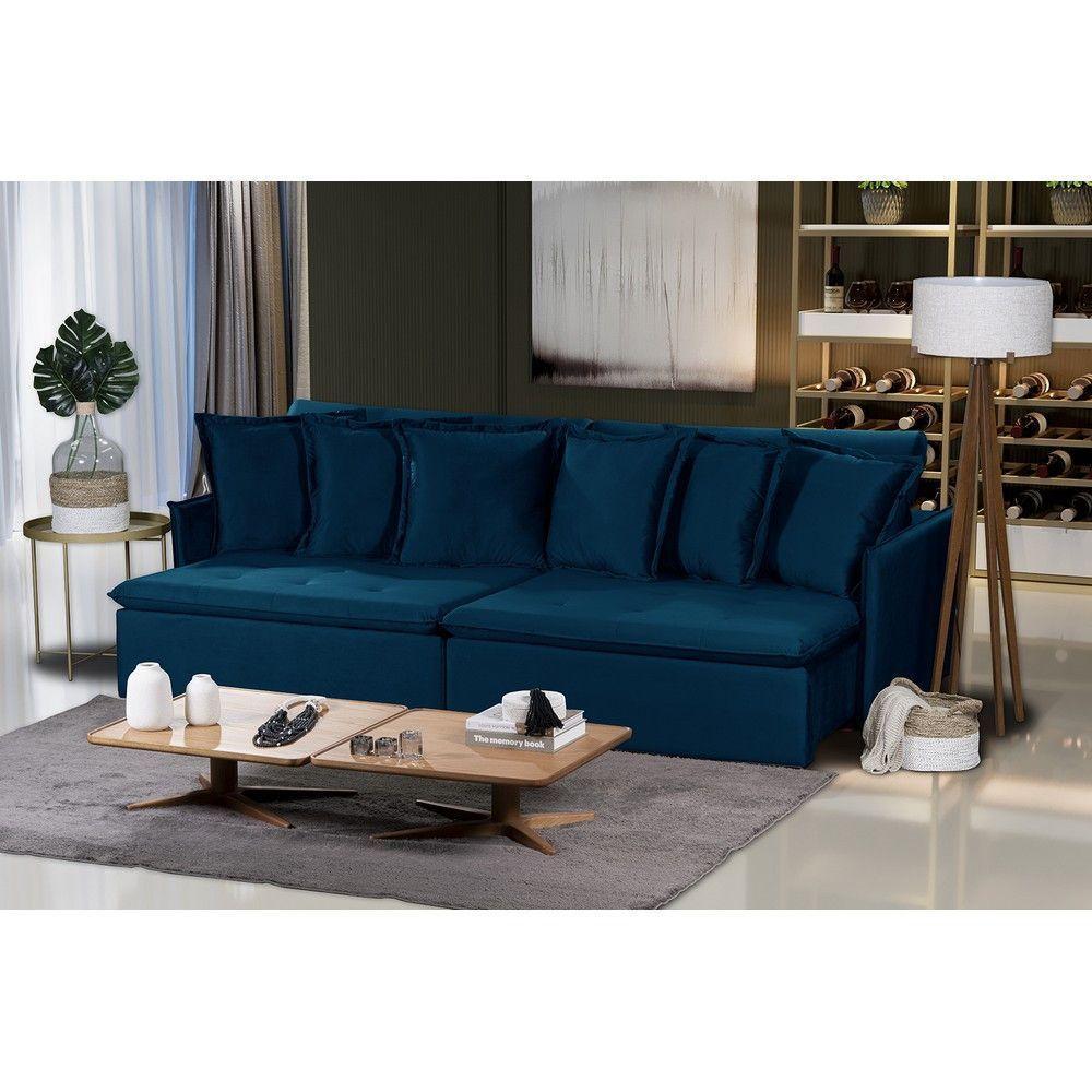 Sofá 5 Lugares 2.50 Mt Com Molas Retrátil E Reclinável Azul - 1