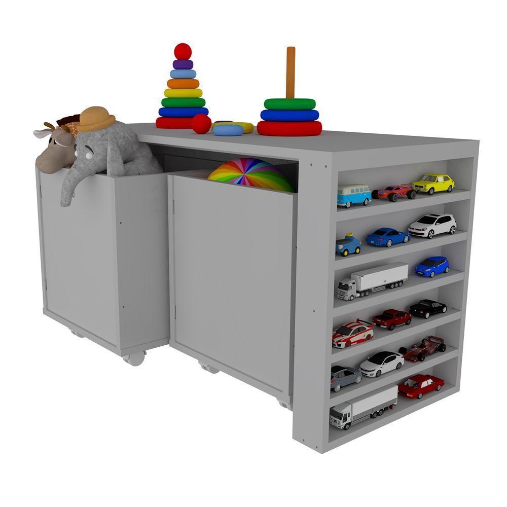 Rack Com Baús Porta Carrinhos E Livreiro Caleb Cinza 100% Mdf - 9