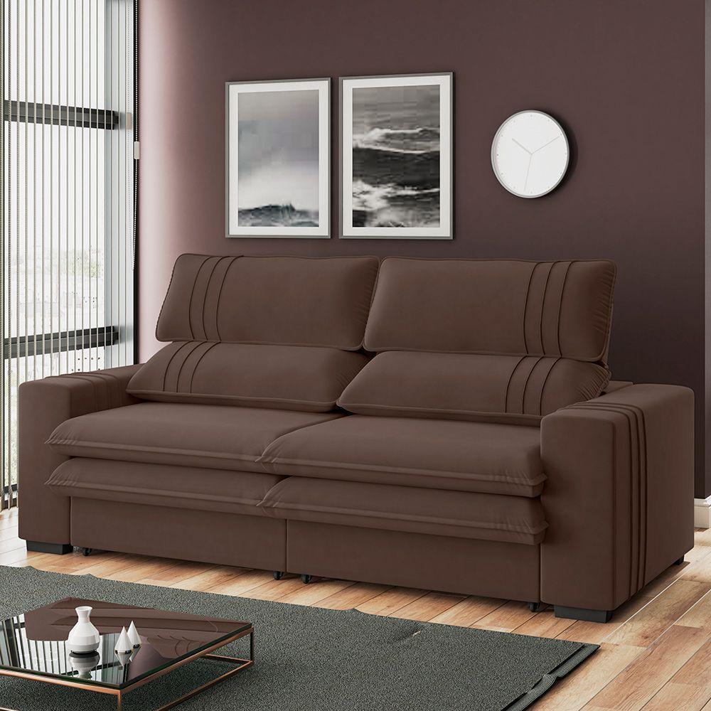 Sofá 2 Lugares Retrátil Noruega 180 Cm Veludo Pés Tabaco - D'rossi Cor Marrom - 2