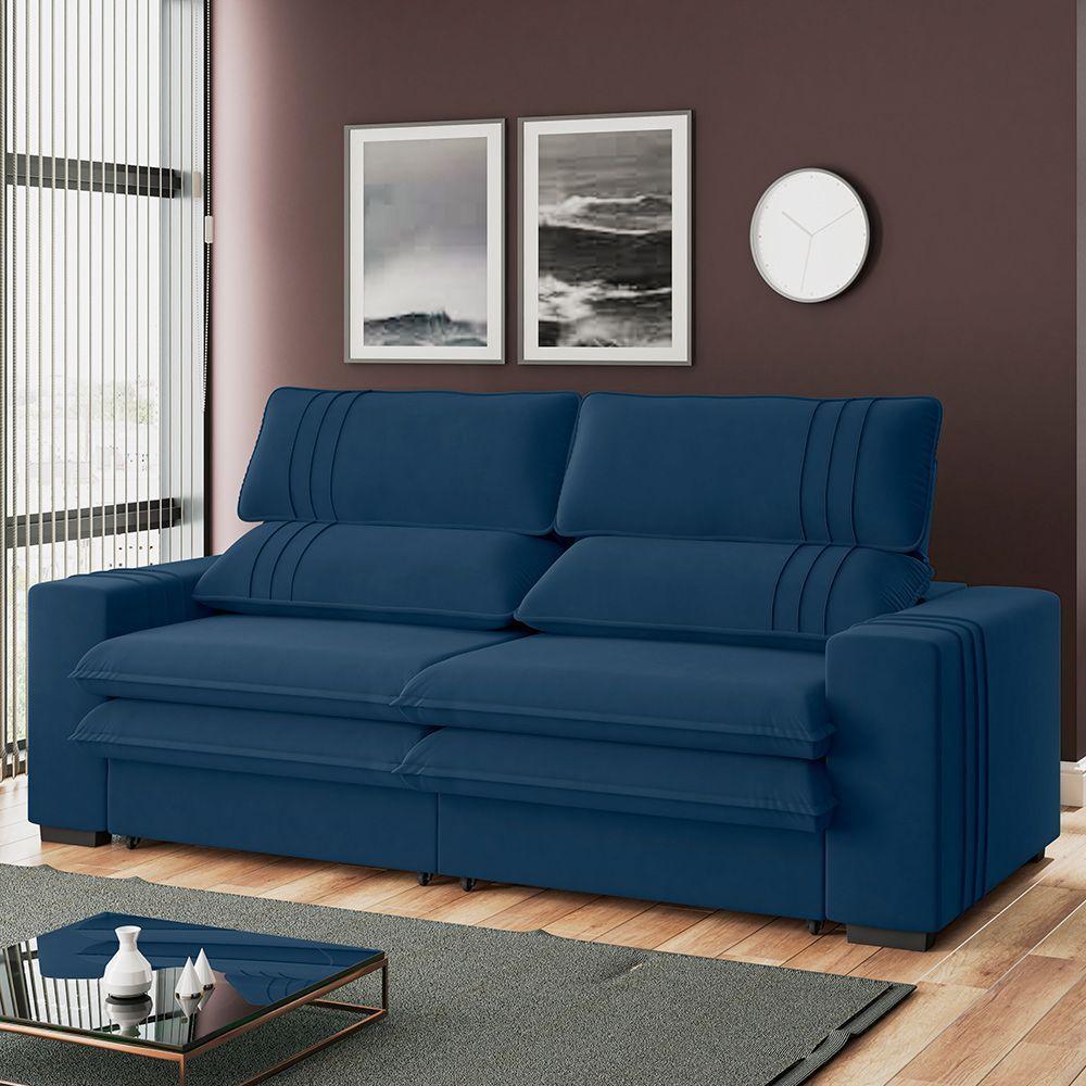 Sofá 2 Lugares Retrátil Noruega 270 Cm Veludo Pés Tabaco - D'rossi Cor Azul Marinho - 2