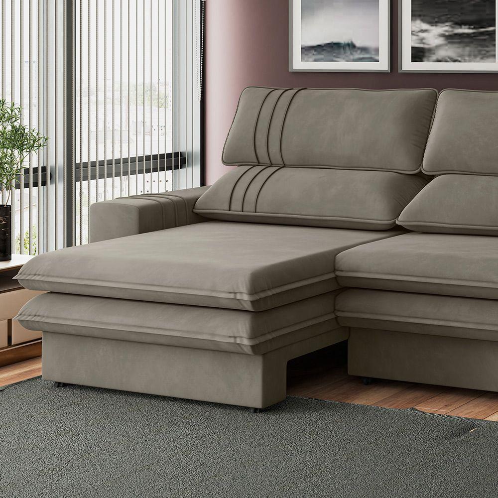 Sofá 2 Lugares Retrátil Noruega 270 Cm Veludo Cappuccino Pés Tabaco - D'rossi - 3