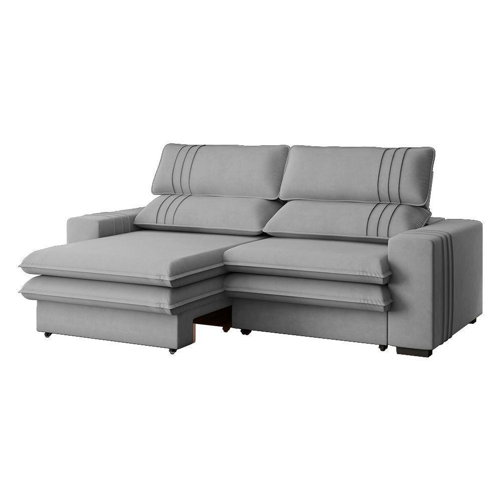 Sofá 2 Lugares Retrátil Noruega 230 Cm Veludo Cinza Pés Tabaco - D'rossi - 1