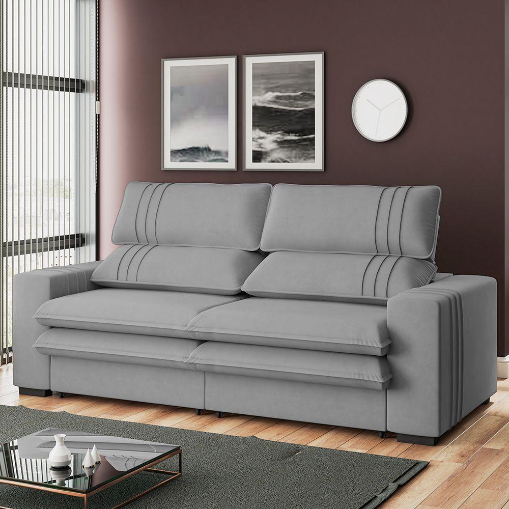Sofá 2 Lugares Retrátil Noruega 230 Cm Veludo Cinza Pés Tabaco - D'rossi - 4