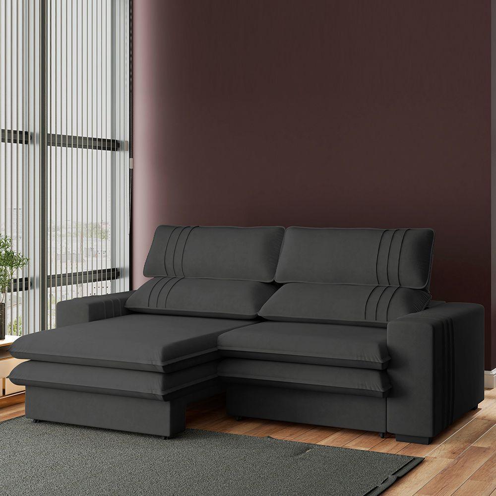 Sofá 2 Lugares Retrátil Noruega 230 Cm Veludo Pés Tabaco - D'rossi Cor Grafite - 3