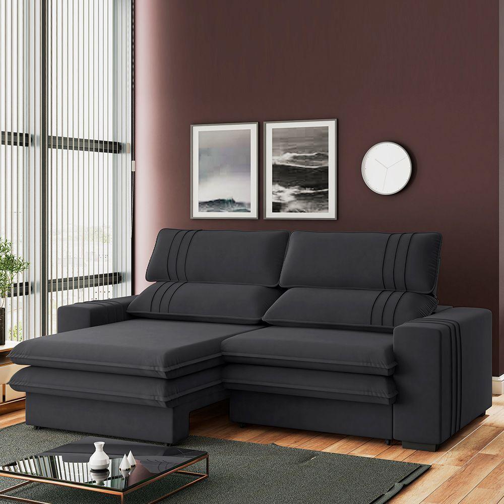 Sofá 2 Lugares Retrátil Noruega 230 Cm Veludo Pés Tabaco - D'rossi Cor Grafite - 4