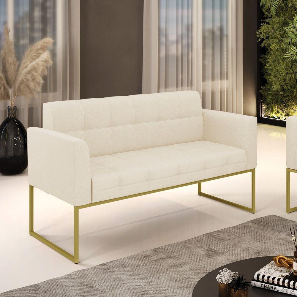 Sofá Namoradeira Elisa Linho Bege A19 Base Metálica Industrial Dourada - D'rossi - 2