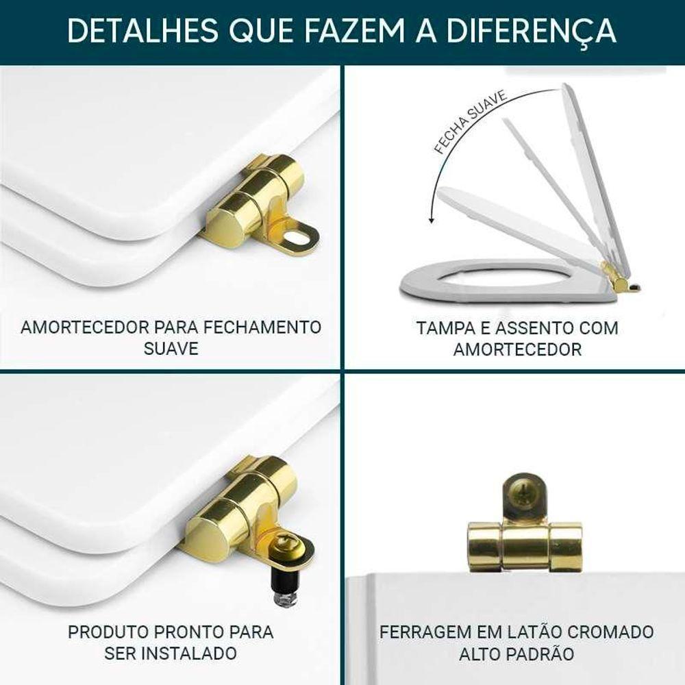 Assento Sanitário Poliéster Soft Close Quadra Branco Para Vaso Deca Com Ferragem Dourada - 7