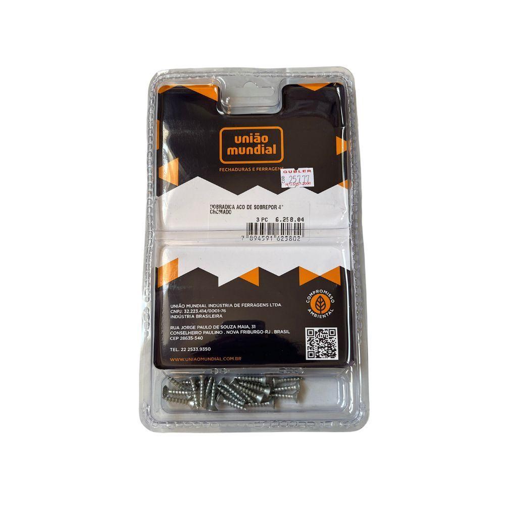 Kit 3 Dobradiças Aço De Sobrepor 4" Cromado - União Mundial - 2