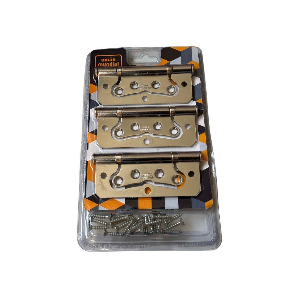 Kit 3 Dobradiças Aço De Sobrepor 4" Cromado - União Mundial - 3