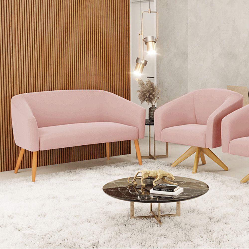 Kit 1 Namoradeira E 1 Poltrona Giratória Rosê Base Madeira - 8