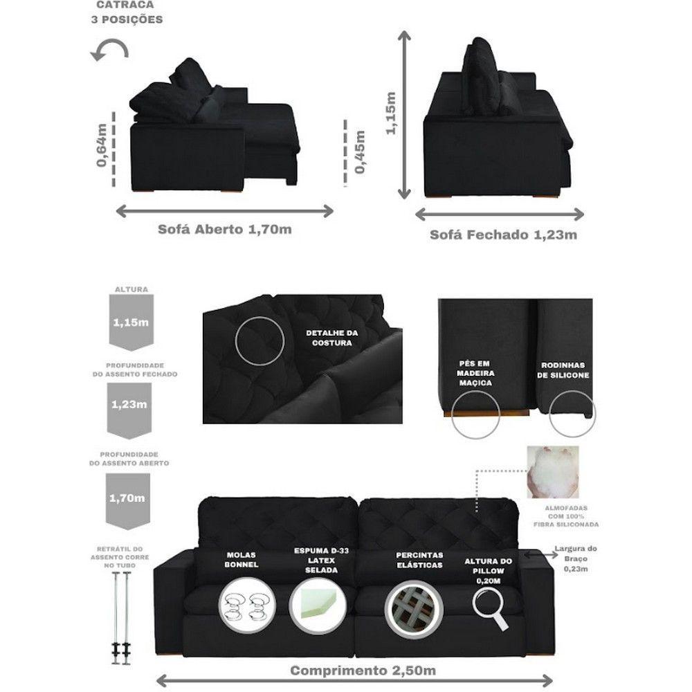 Sofá Modular 5 Lugares 2.50M Retrátil E Reclinável Preto - 9