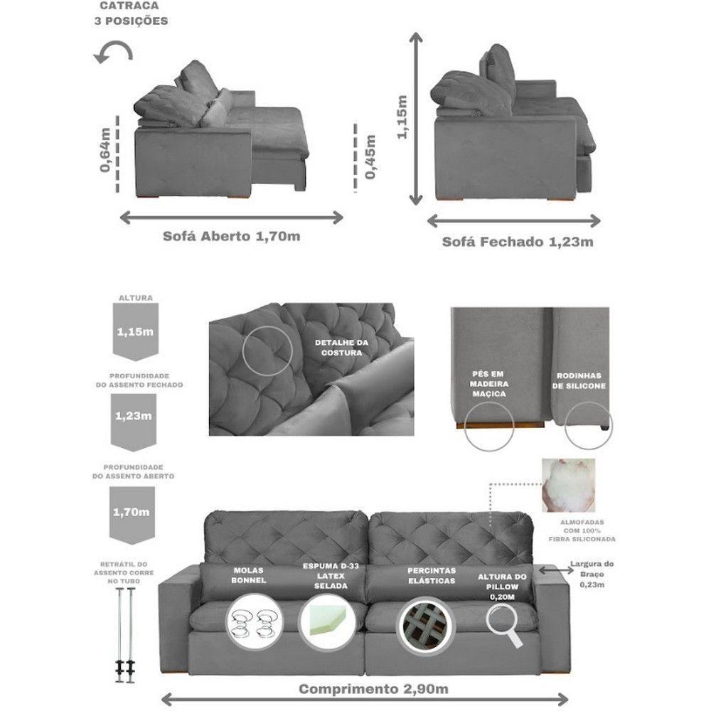 Sofá 6 Lugares Modular 2.90M Retrátil E Reclinável Cinza - 9