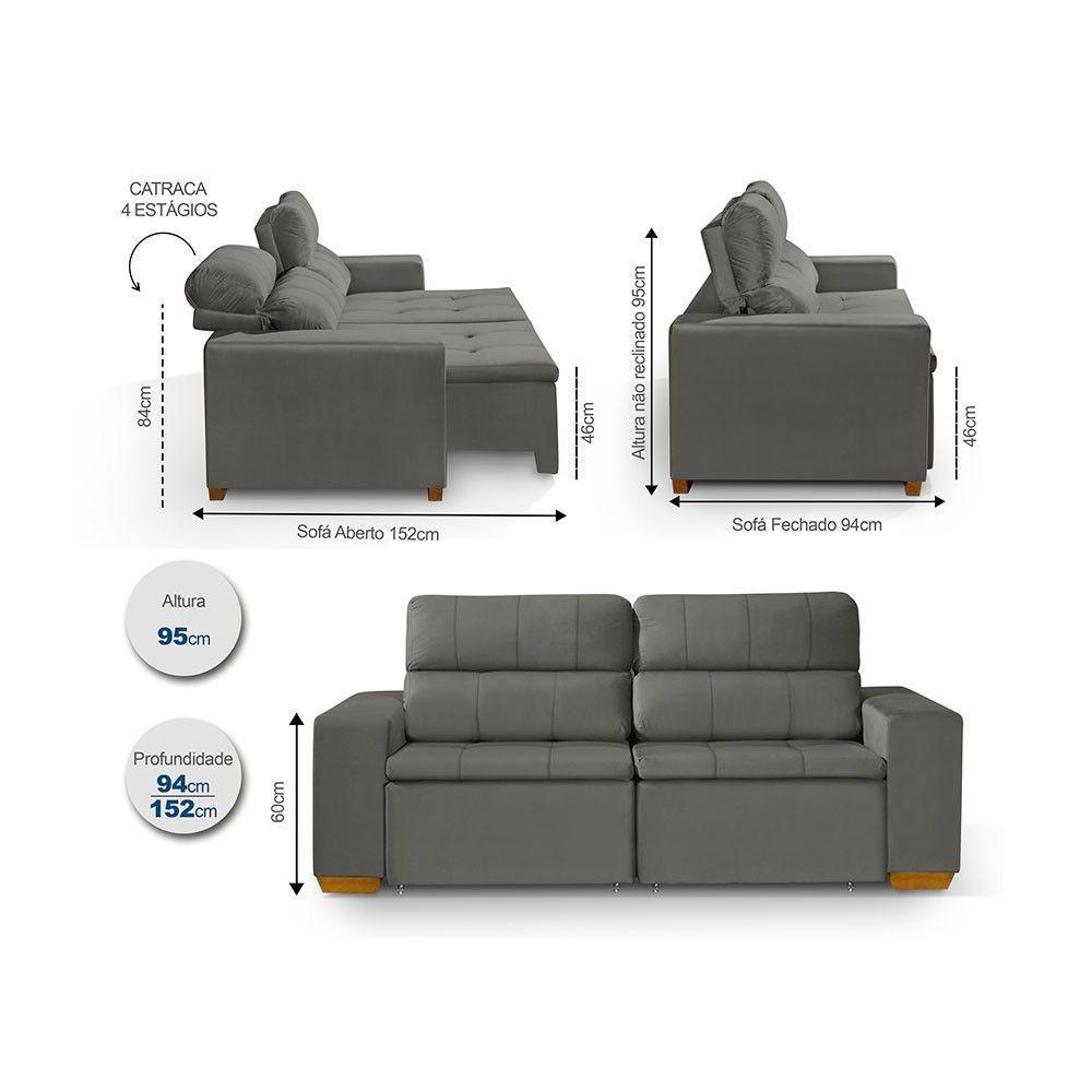 Sofá 3 Lugares 195cm Com Molas, Retrátil E Reclinável Cinza - 4