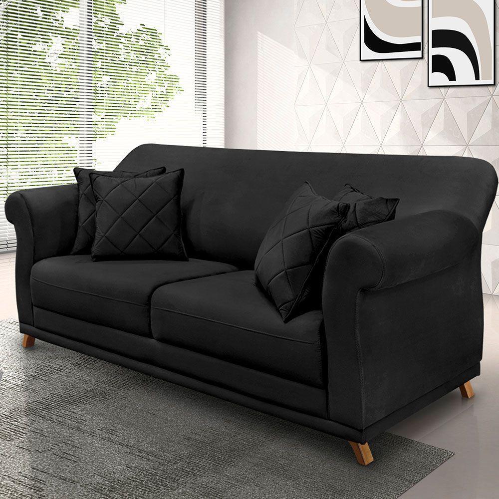 Sofá 2 Lugares 1,80m Veludo Preto Pés Castanho - 8