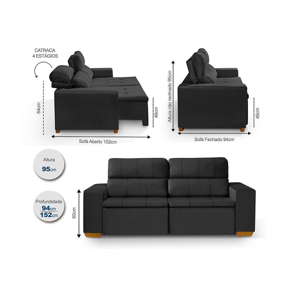 Sofá 3 Lugares 195cm Com Molas, Retrátil E Reclinável Preto - 4