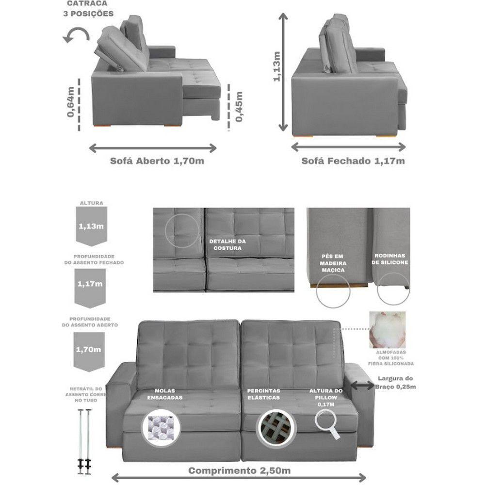 Sofá Modular 5 Lugares 2.50M Retrátil E Reclinável Cinza - 9