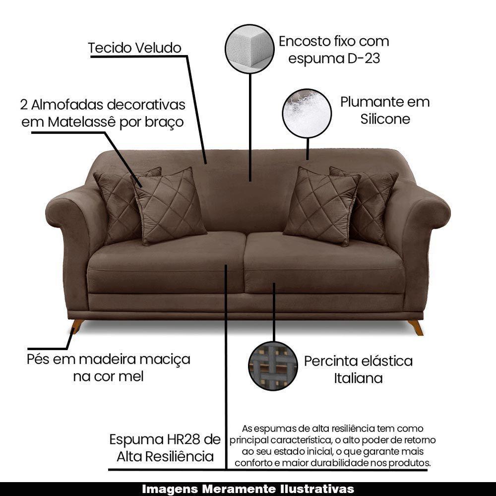 Sofá 200cm 3 Lugares Com 4 Almofadas Veludo Marrom - 9