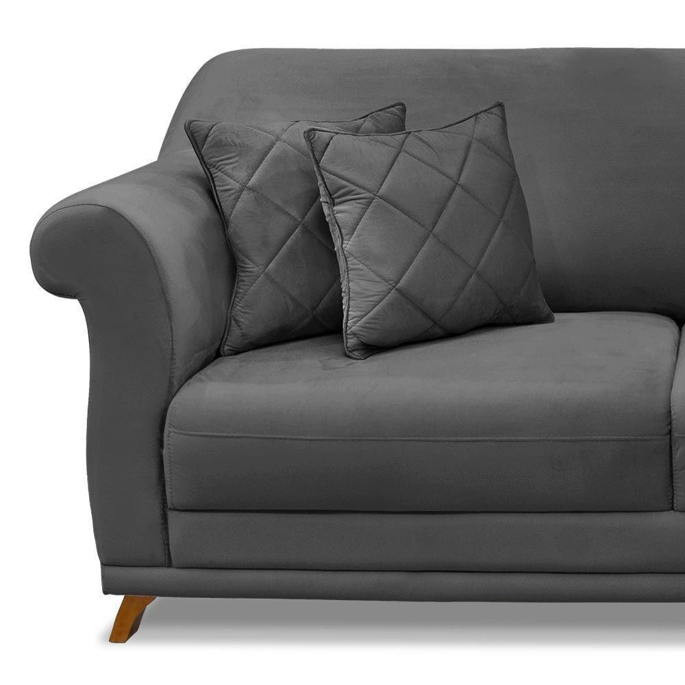 Sofá 220cm 3 Lugares Com 4 Almofadas Suede Cinza - 4