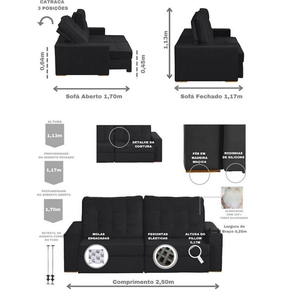Sofá Modular 5 Lugares 2.50M Retrátil E Reclinável Preto - 9