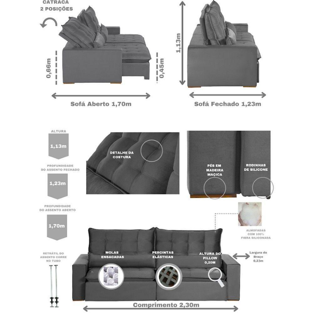 Sofá Modular 4 Lugares 2.30M Retrátil E Reclinável Cinza - 9