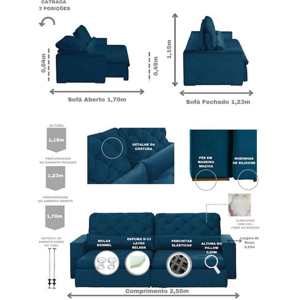 Sofá Modular 5 Lugares 2.50M Retrátil E Reclinável Azul - 9