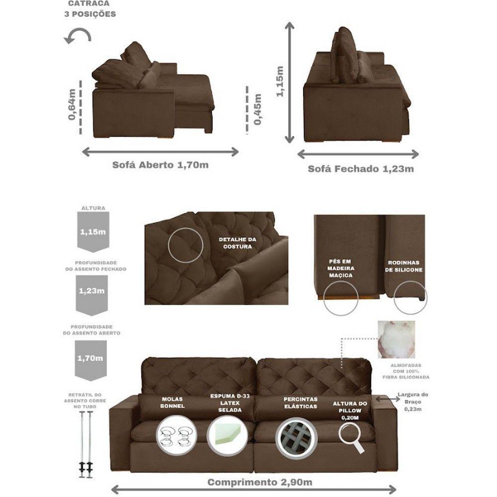 Sofá 6 Lugares Modular 2.90M Retrátil E Reclinável Marrom - 8