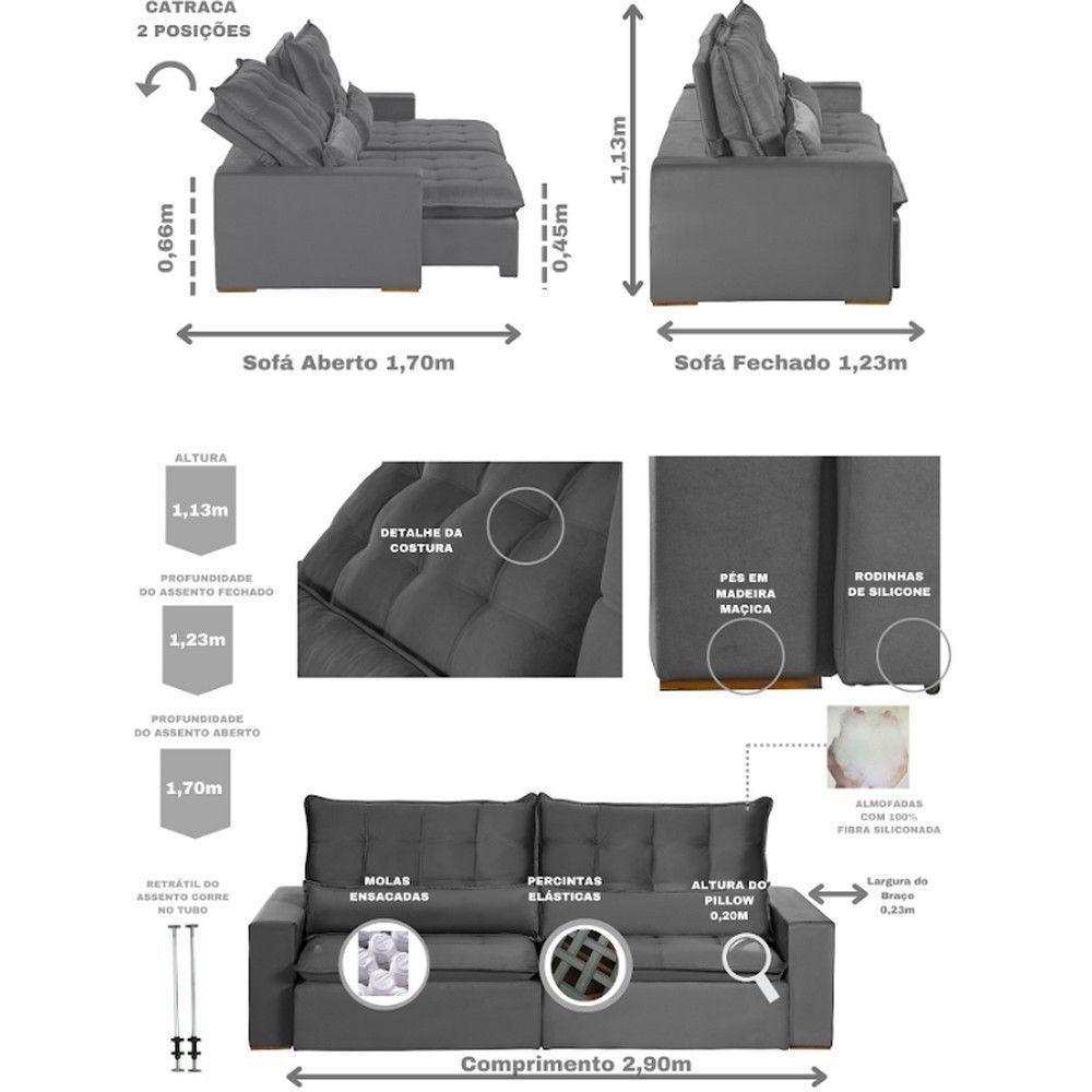 Sofá Modular 6 Lugares 2.90M Retrátil E Reclinável Cinza - 9