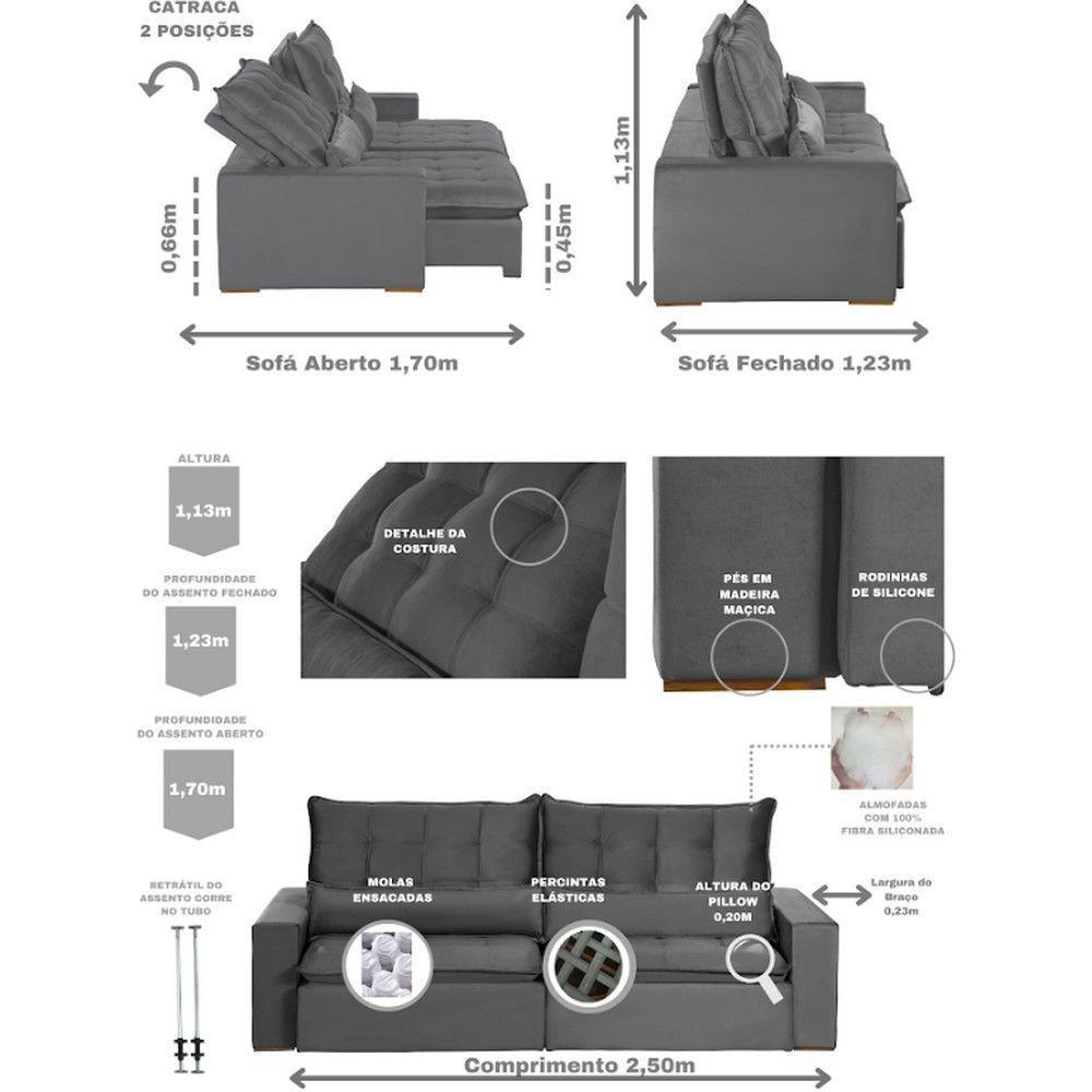 Sofá Modular 5 Lugares 2.50M Retrátil E Reclinável Cinza - 9