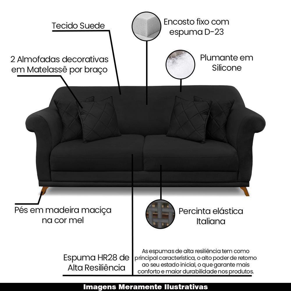 Sofá 160cm 2 Lugares Com 4 Almofadas Suede Preto - 7