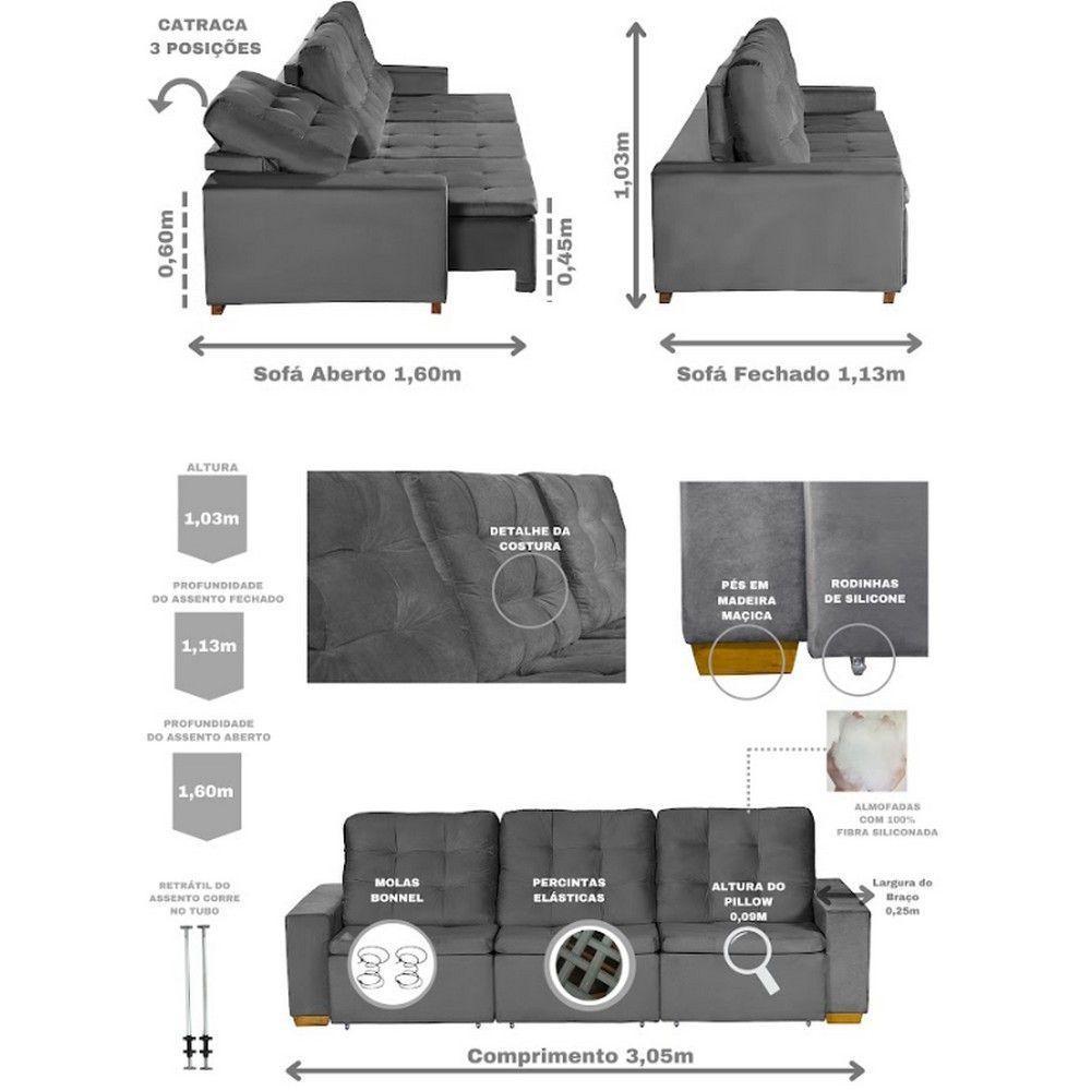 Sofá Modular 6 Lugares 3.05M Retrátil E Reclinável Cinza - 9