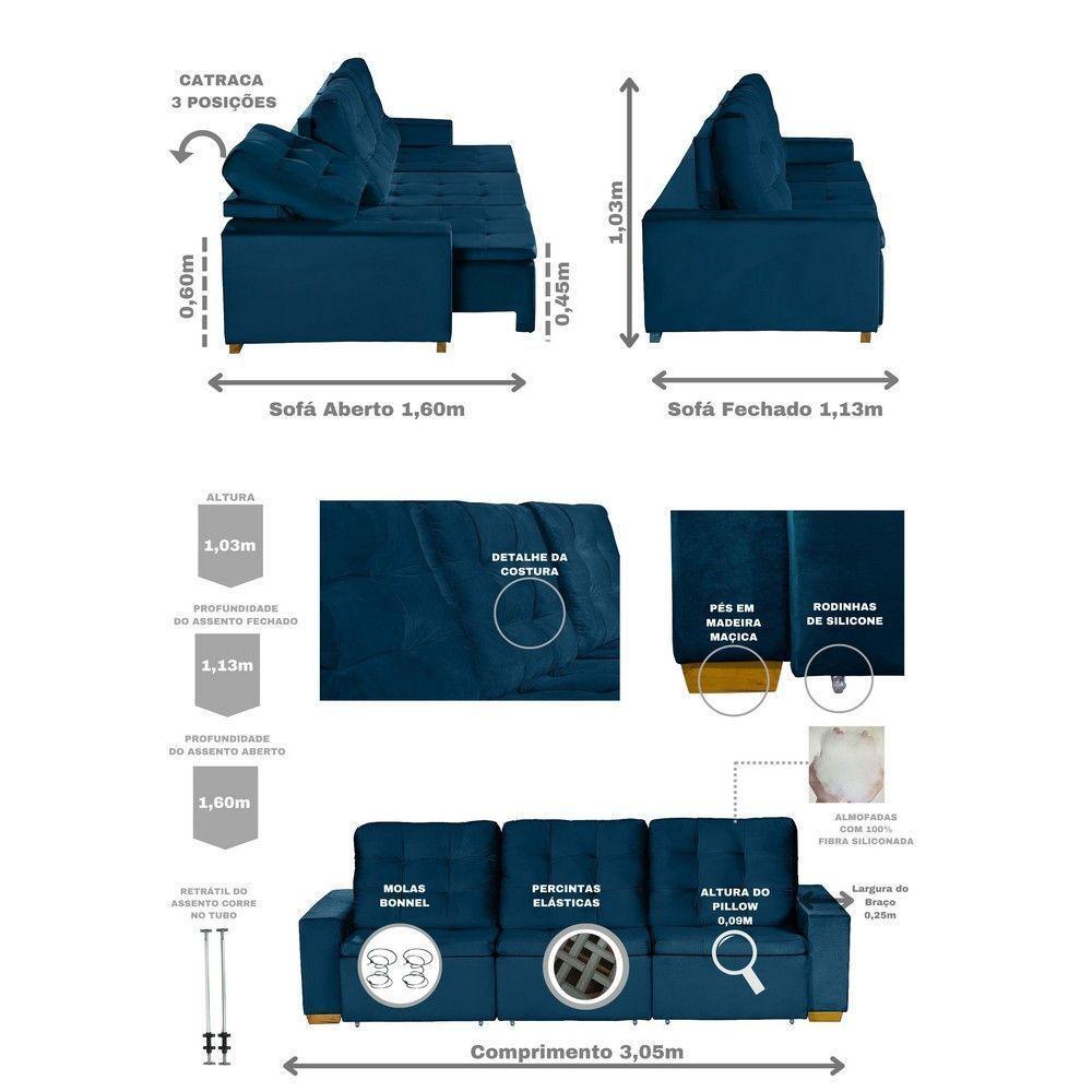 Sofá Modular 6 Lugares 3.05M Retrátil E Reclinável Azul - 8