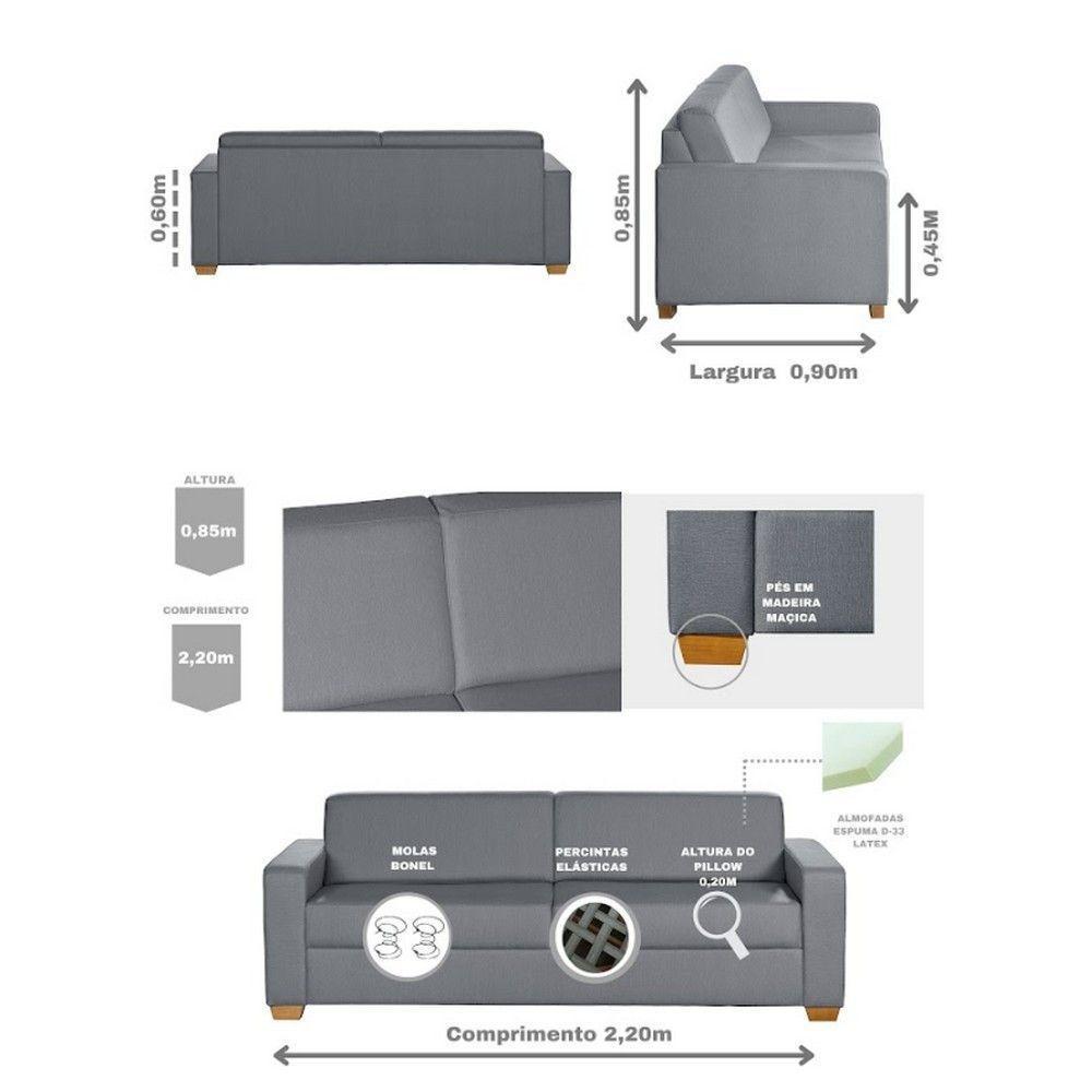 Sofá Living Com 4 Lugares 2.20M Linho Corriente Cinza - 8