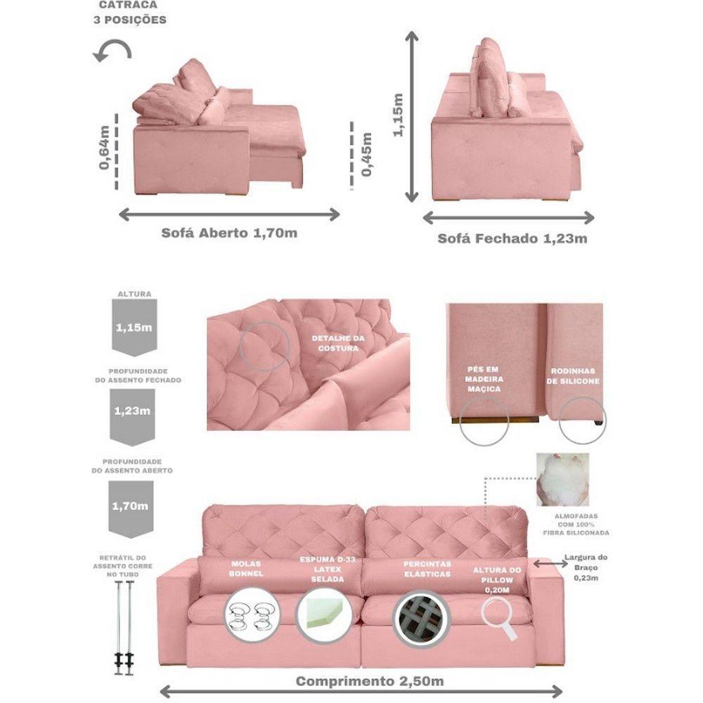 Sofá Modular 5 Lugares 2.50M Retrátil E Reclinável Rose - 9