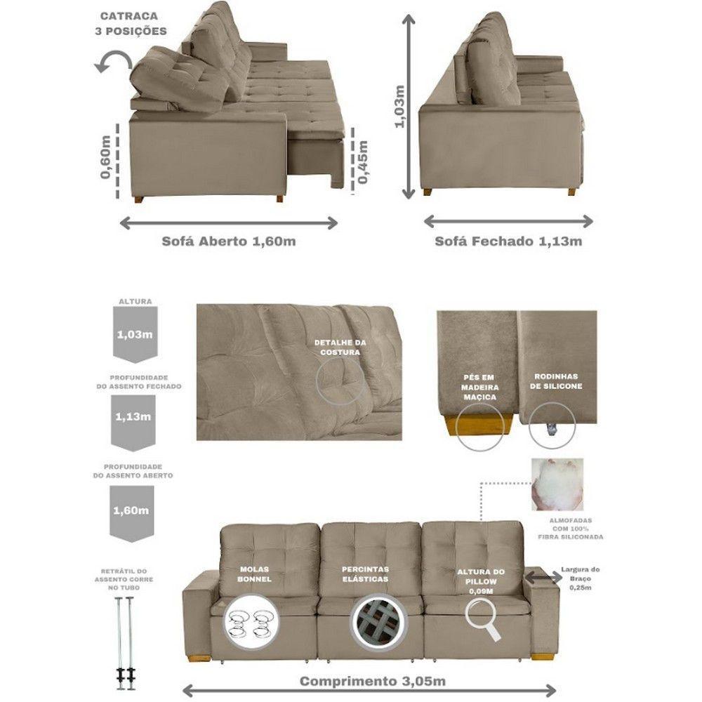 Sofá Modular 6 Lugares Retrátil E Reclinável 3.05M Bege - 10
