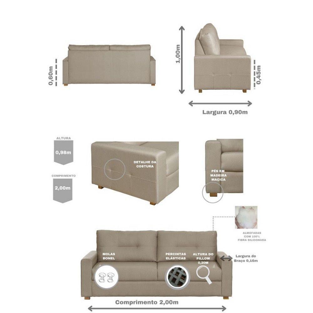 Sofá Maceió Living Com 3 Lugares 2.00M Linho Corriente Bege - 7