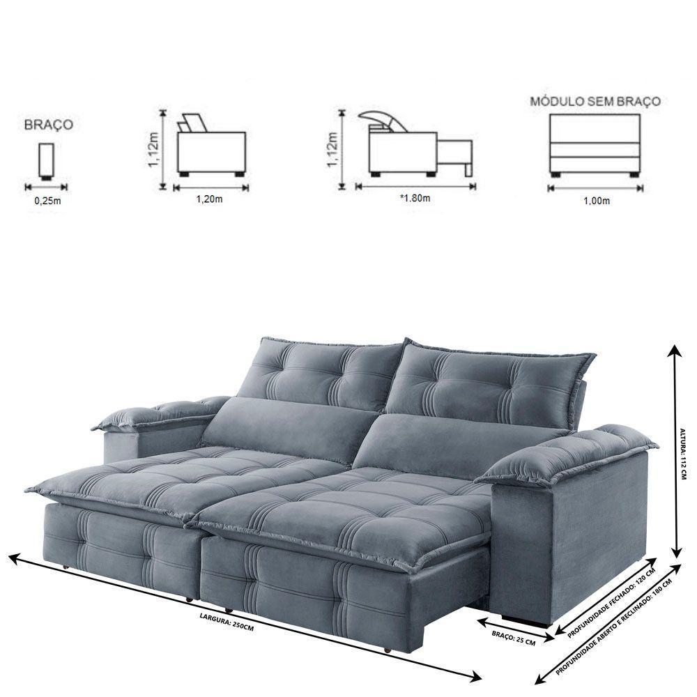 Sofá Retrátil E Reclinável 2,50m 4 Lugares Prata - 7