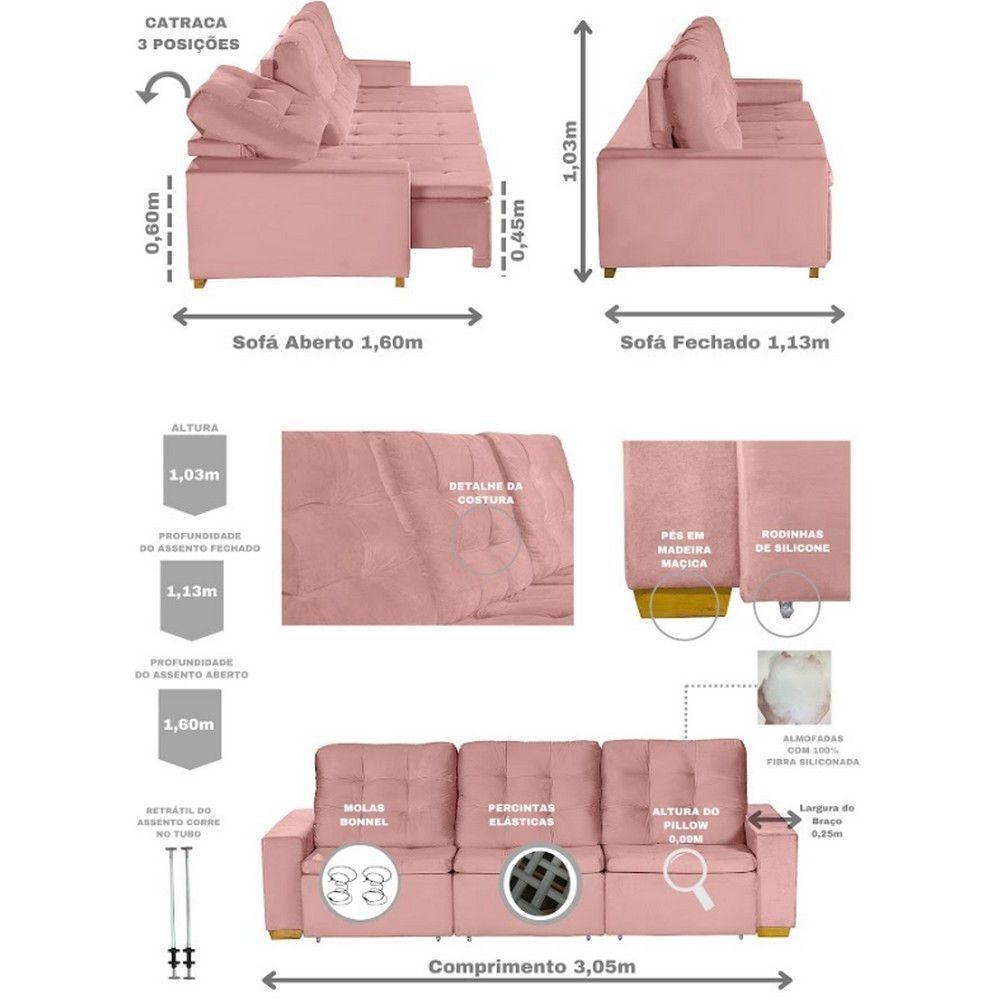 Sofá Modular 6 Lugares Retrátil E Reclinável 3.05M Rose - 9