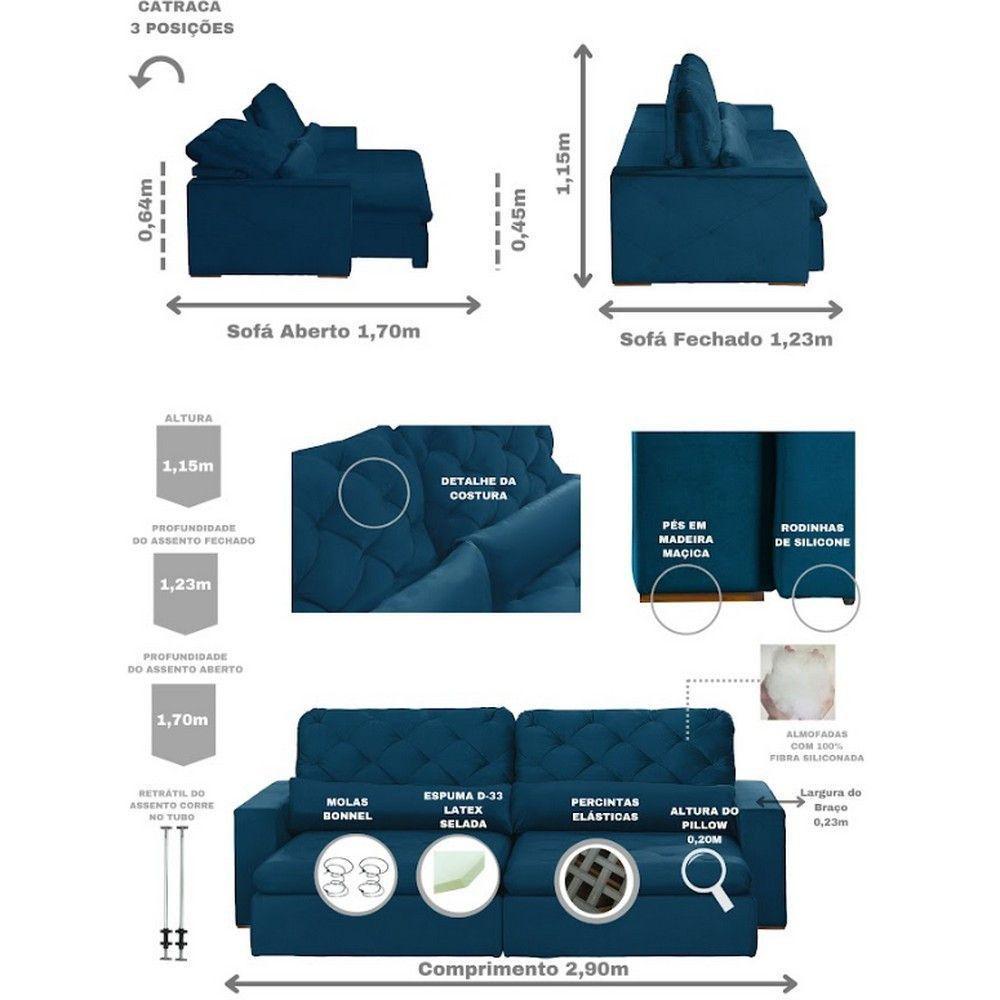 Sofá 6 Lugares Modular 2.90M Retrátil E Reclinável Azul - 9