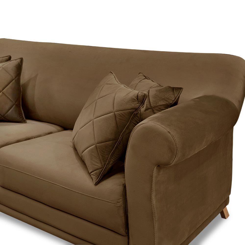 Sofá 220cm 3 Lugares Com 4 Almofadas Suede Caramelo - 3