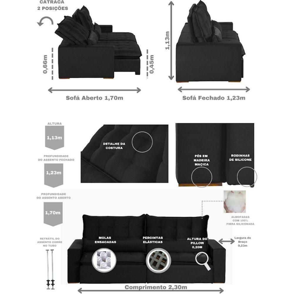 Sofá Modular 4 Lugares 2.30M Retrátil E Reclinável Preto - 10