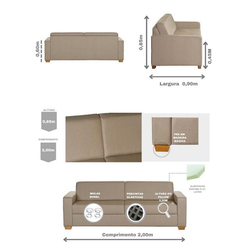 Sofá Living Com 3 Lugares 2.00M Linho Corriente Bege - 7