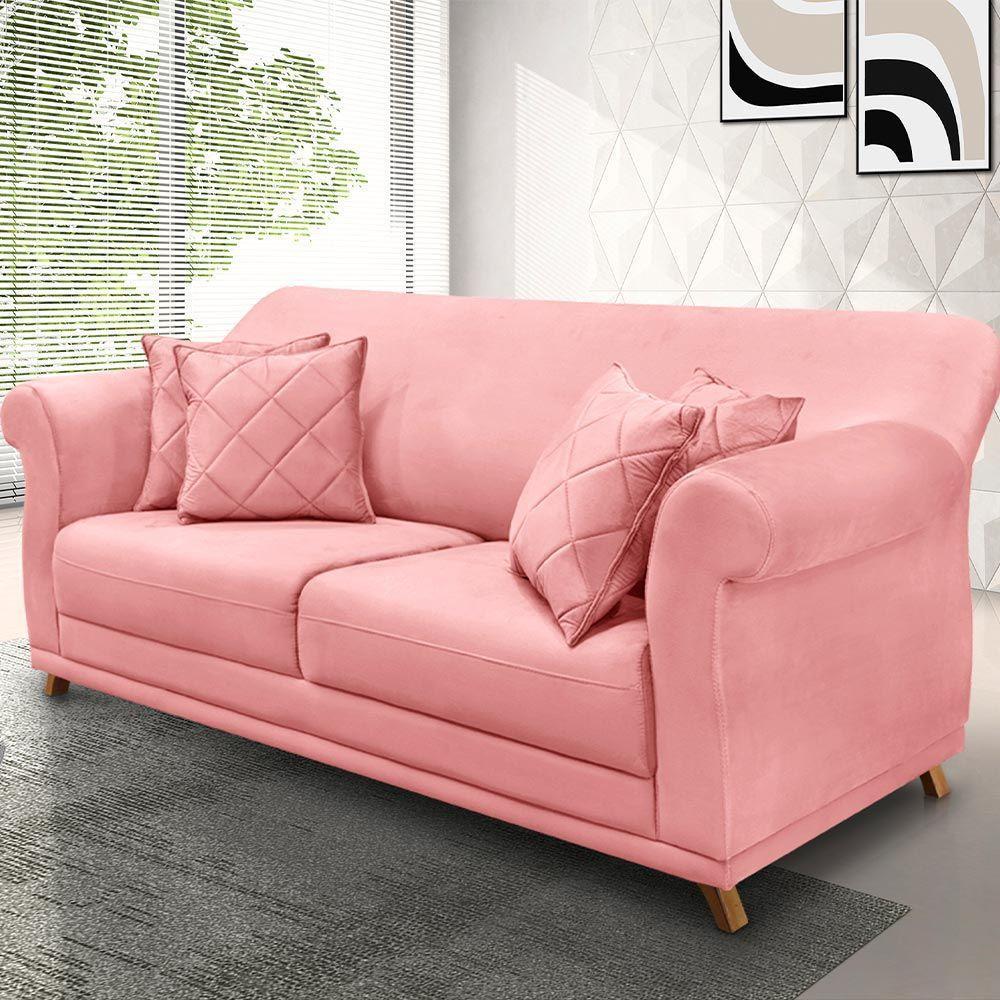 Sofá 160cm 2 Lugares Com 4 Almofadas Veludo Rosa - 5