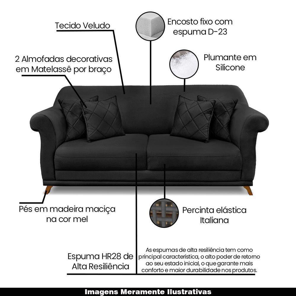 Sofá 180cm 2 Lugares Com 4 Almofadas Veludo Preto - 7
