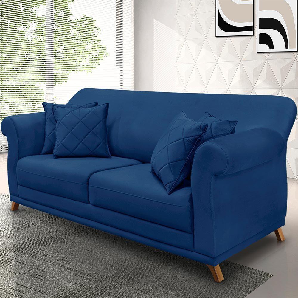 Sofá 200cm 3 Lugares Com 4 Almofadas Suede Azul Marinho - 5