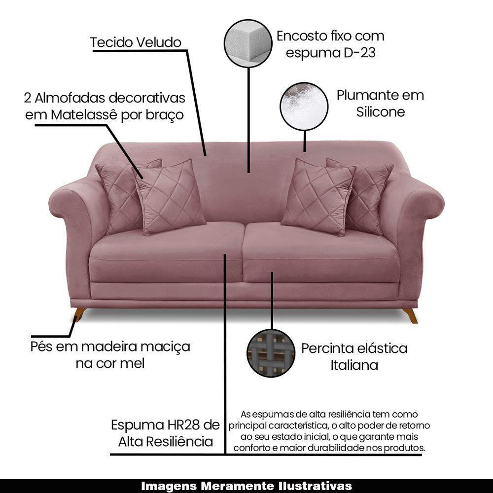 Sofá 180cm 2 Lugares Com 4 Almofadas Veludo Lilás - 7