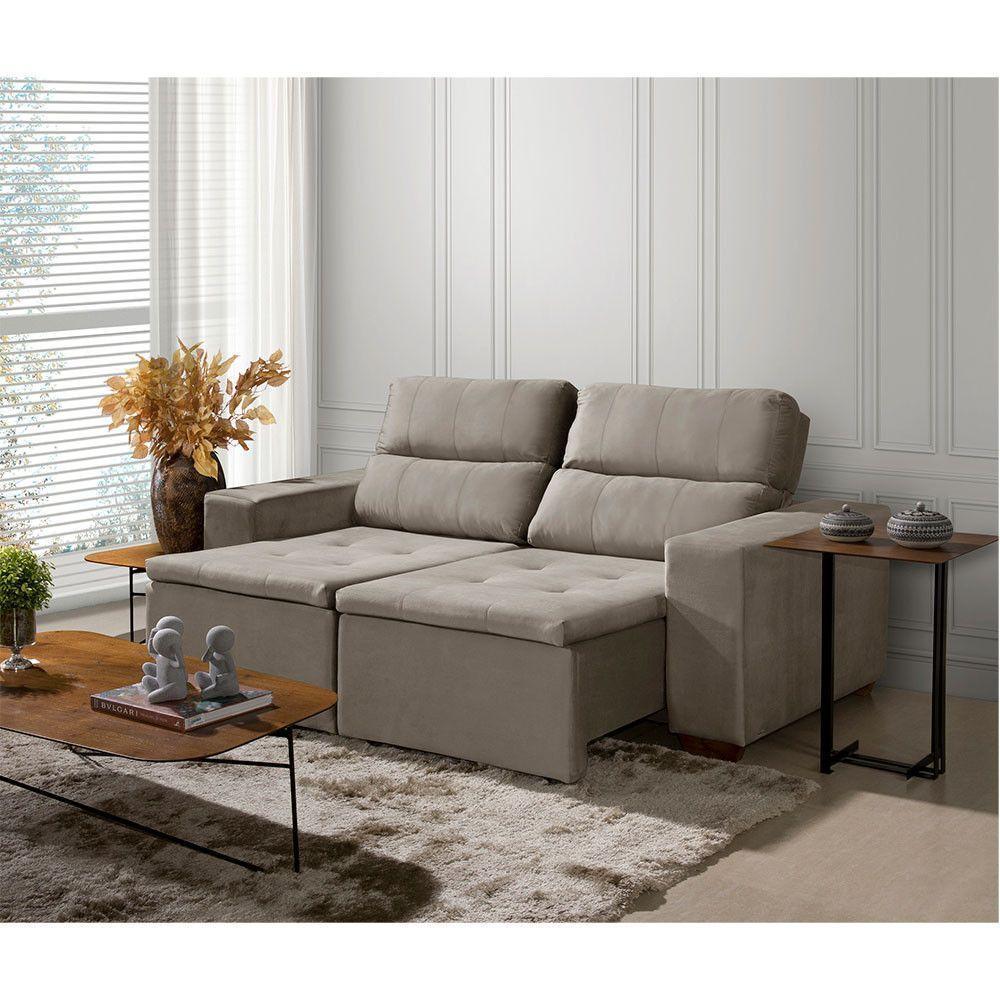 Sofá 3 Lugares 195cm Com Molas, Retrátil E Reclinável Bege - 1