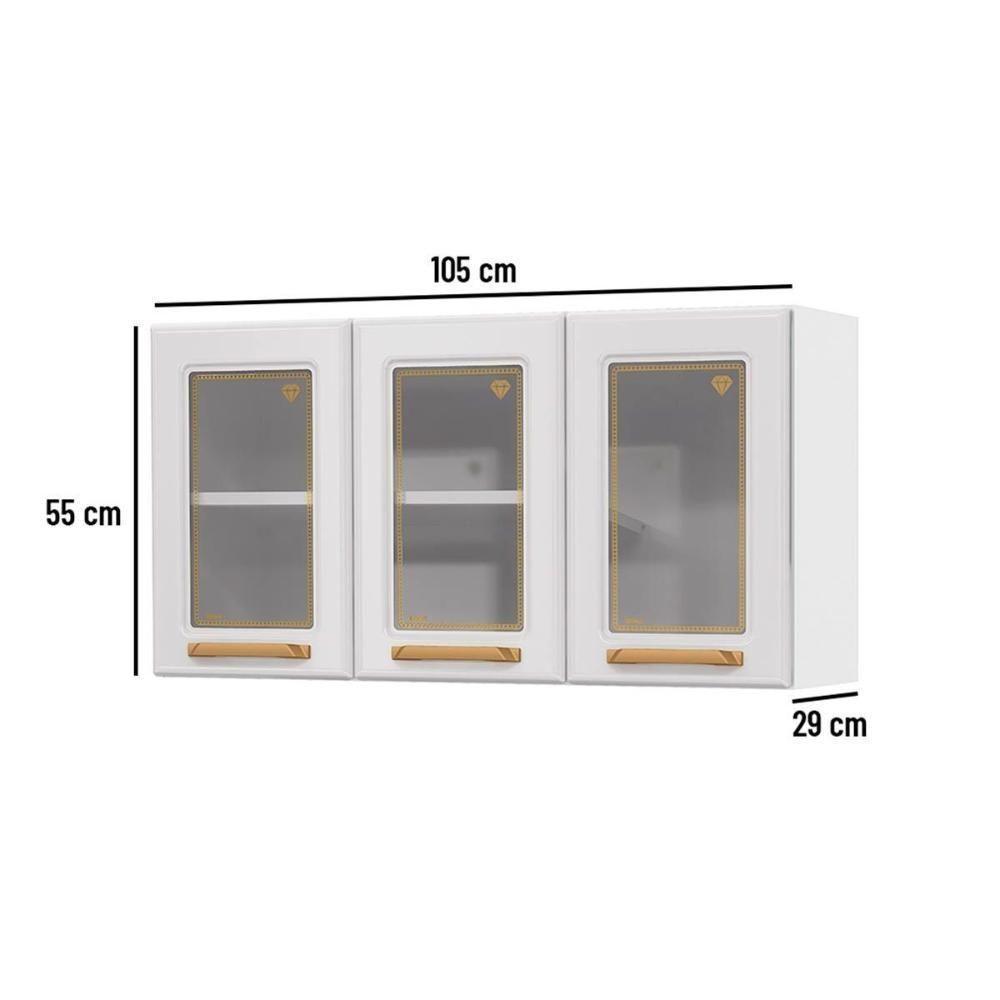 Armário Aéreo Cozinha Modulado Diamante 3 Portas c/ Vidro 105cm Branco/Preto - Telasul - 5