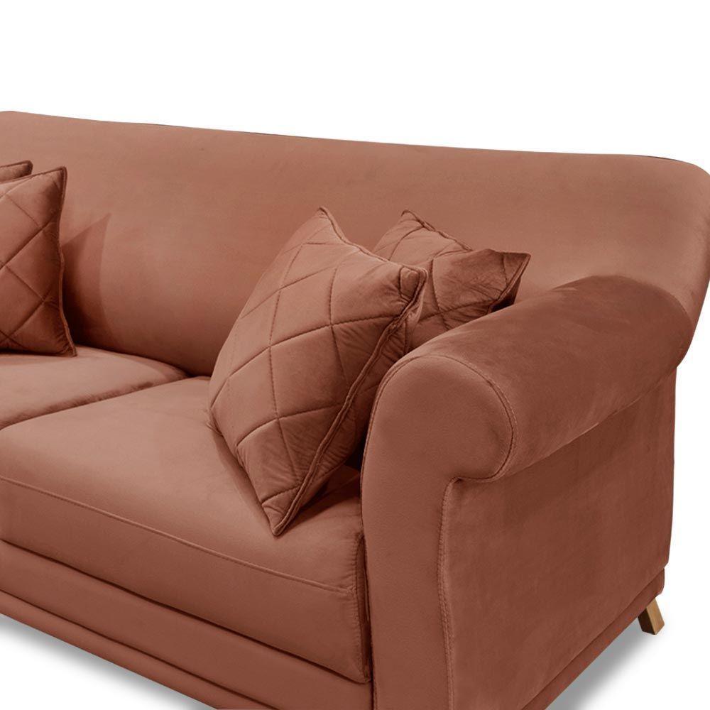 Sofá 200cm 3 Lugares Com 4 Almofadas Veludo Cobre - 3