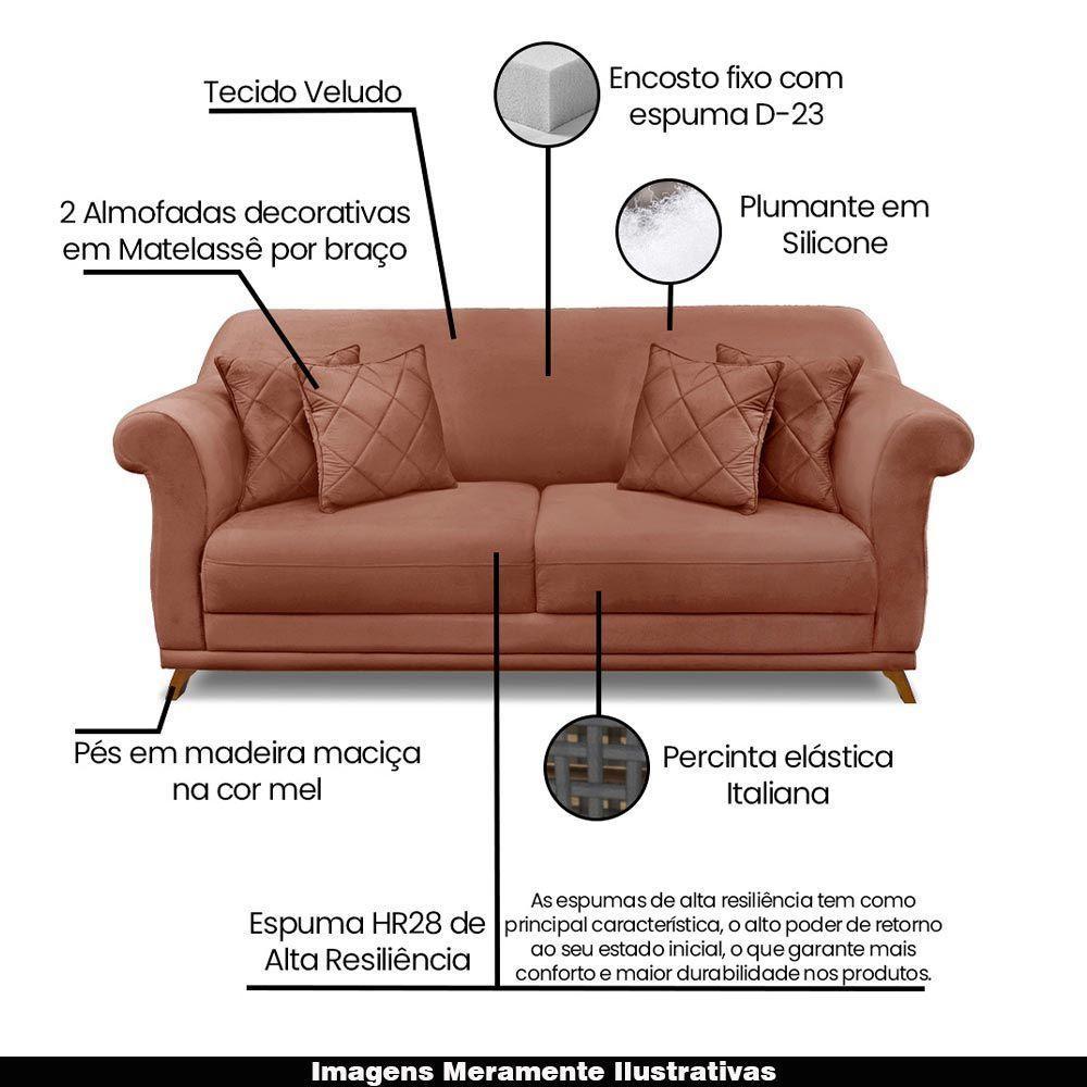Sofá 180cm 2 Lugares Com 4 Almofadas Veludo Cobre - 8