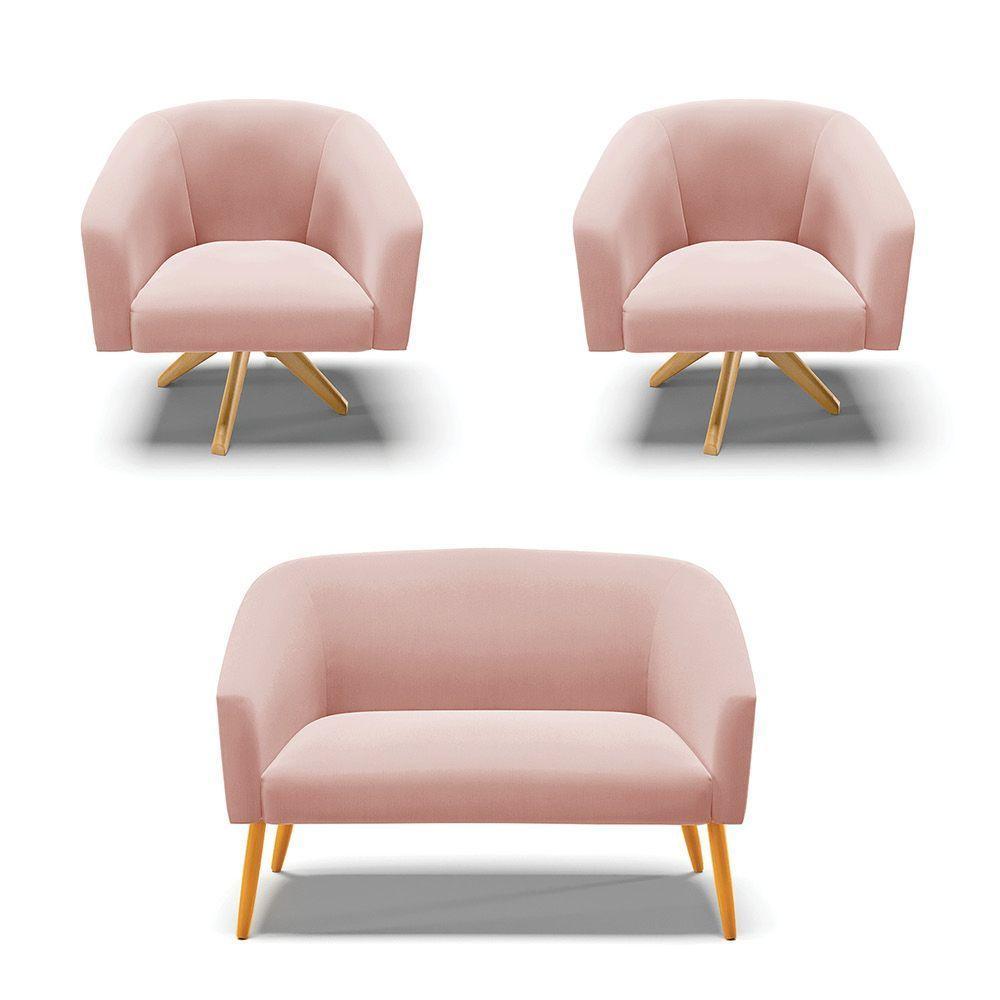 Kit 1 Namoradeira E 2 Poltronas Giratória Rosê Base Madeira - 1